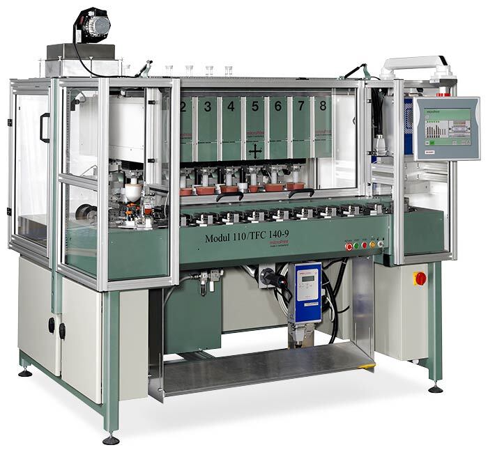 Fully automated microPrint pad printing system with 8 Modul 110 heads and a 24-station servo indexer. Ideal for high-end pens, cosmetics & medical parts.