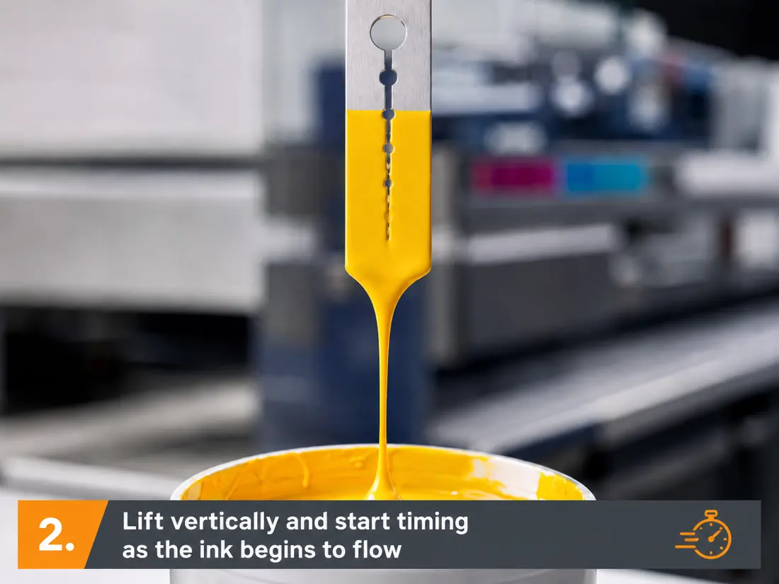 Step 2: lift the Visco Spatula vertically and begin timing the ink flow