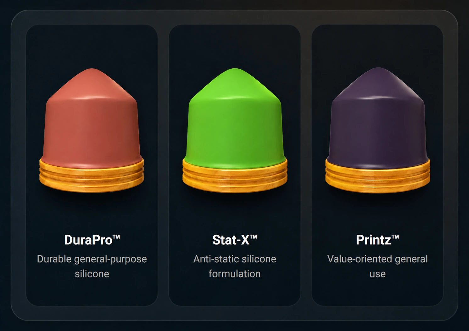 DuraPro, Stat-X and Printz silicone pads presented in the updated premium product style