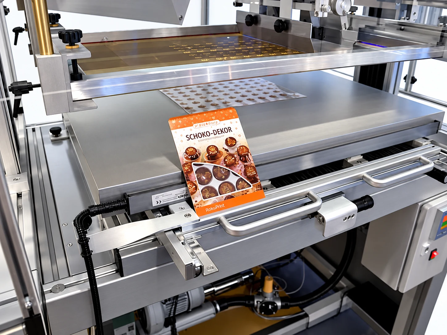 RokuPrint RPX-700 vacuum table for printing cocoa butter onto chocolate transfer sheets