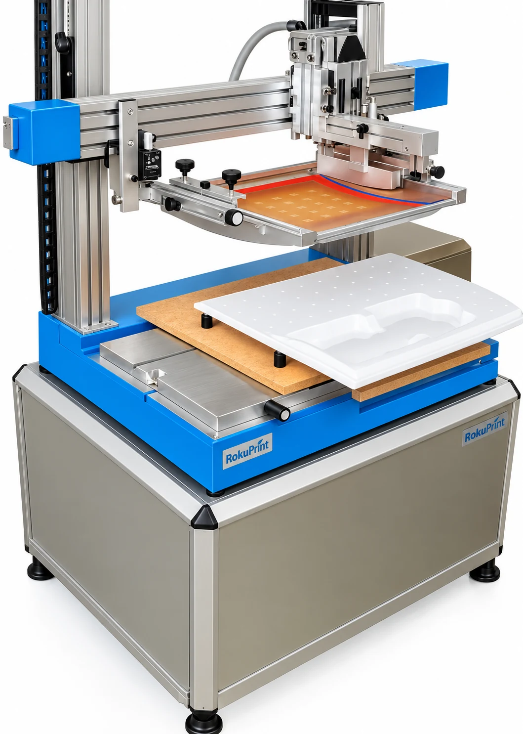 RokuPrint screen printing setup with curved screen and squeegee for a convex panel
