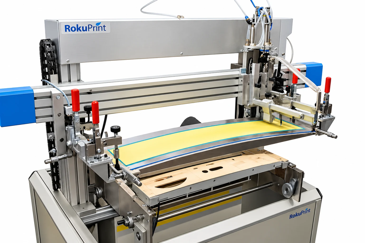 RokuPrint machine with curved screen and cam-actuated squeegee for dishwasher appliance panels