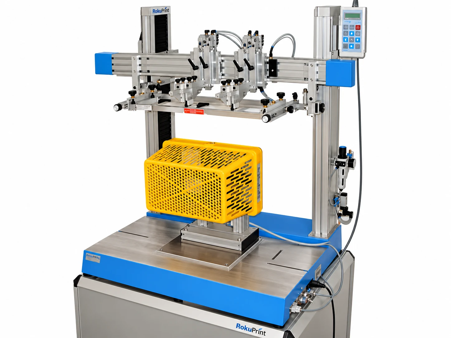 RokuPrint with elevated print head set up for screen printing a molded shopping basket