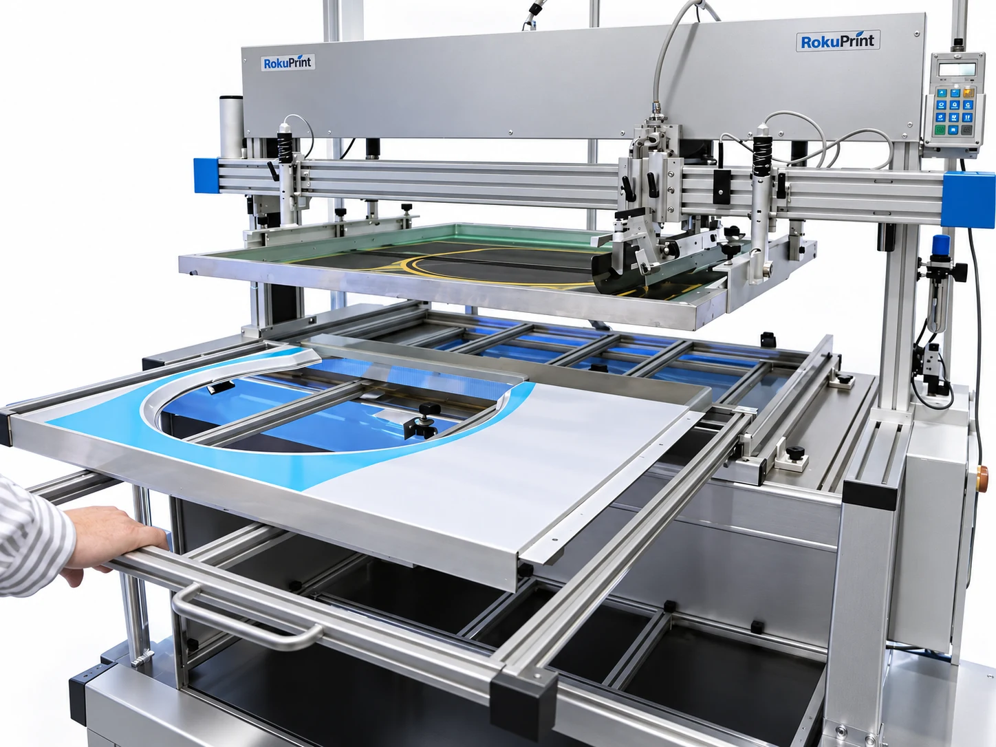 RokuPrint RPX-700 with tooling for screen printing industrial washing machine front bezels
