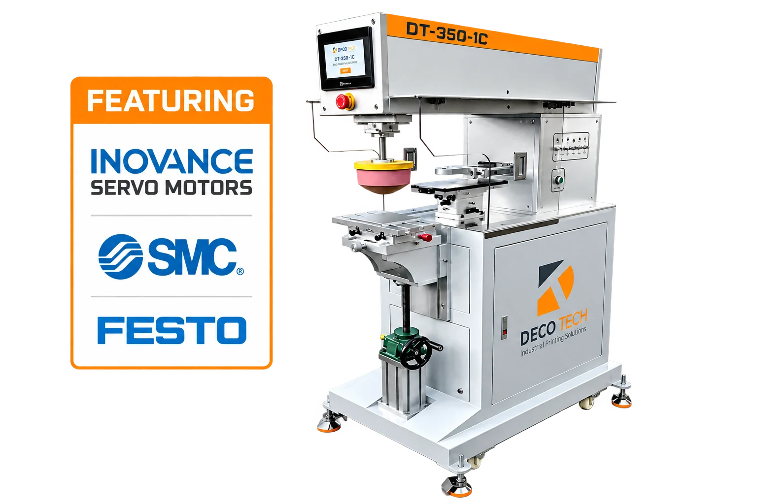 MERIS 350-1C servo driven one color pad printing machine featuring Inovance servo motors, SMC and Festo components