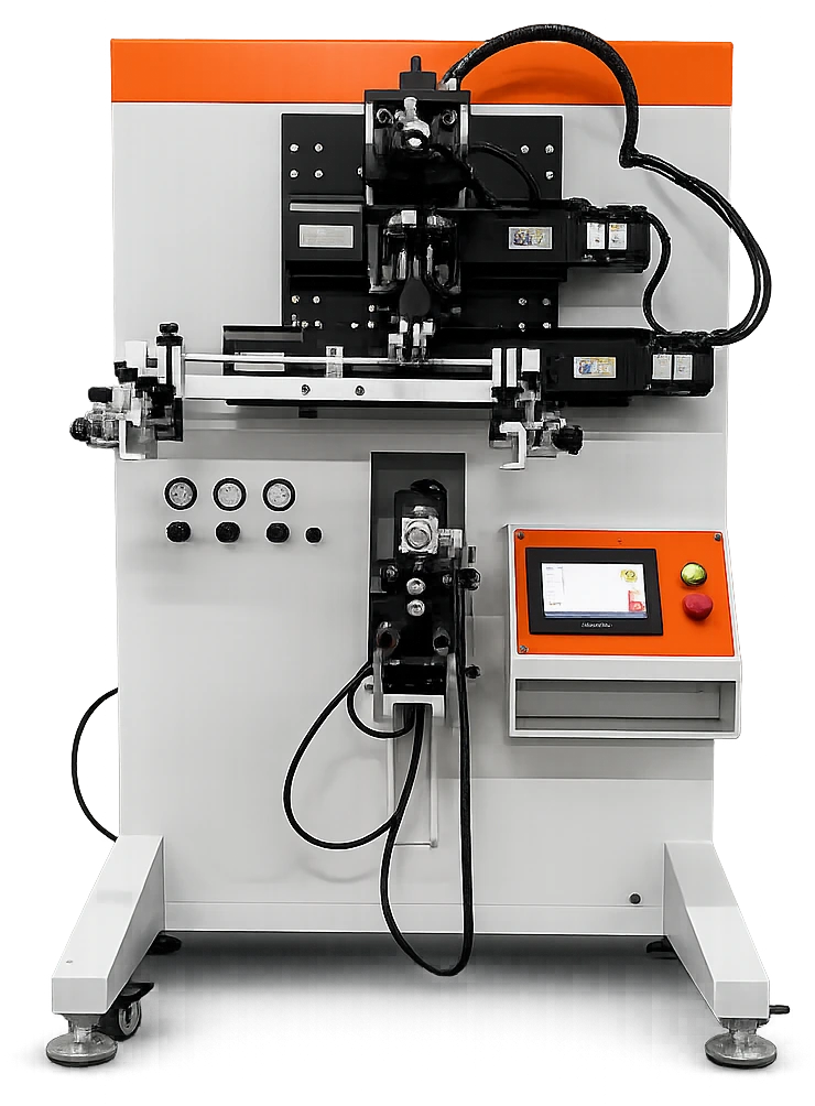 Deco Tech DT-CNC-120S servo screen printing machine isolated from the factory background