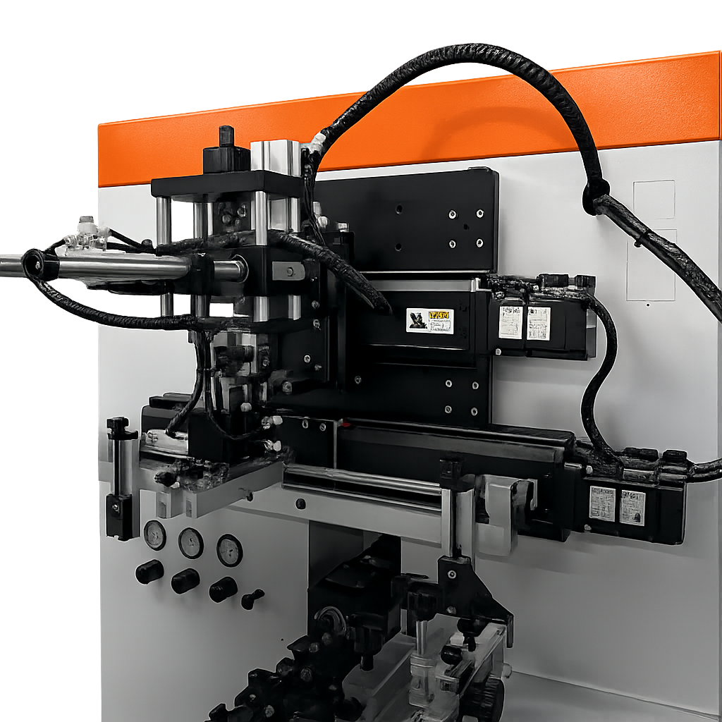 Close view of the DT-CNC-120S print head, servo motors and screen-motion assemblies