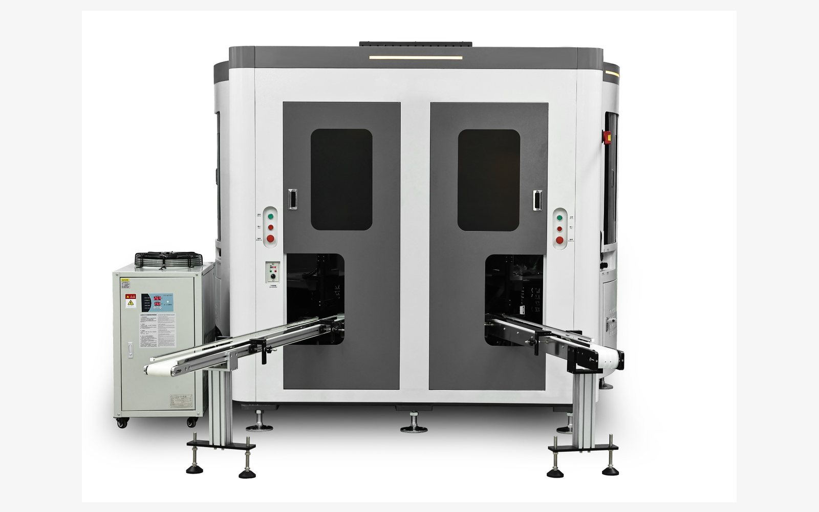 Actual enclosed DT-CNC automatic UV screen printing machine with the front doors closed