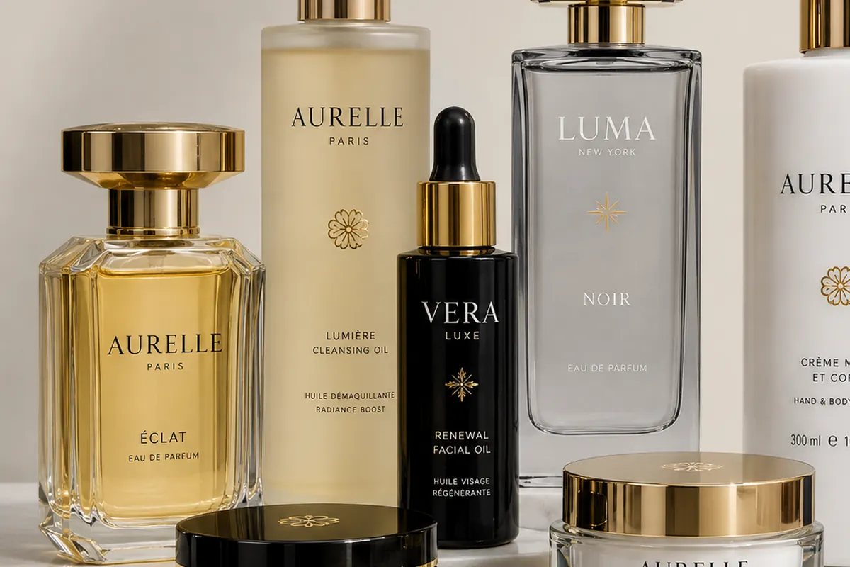 Directly decorated perfume, skincare, serum and cosmetic containers with fictional product branding