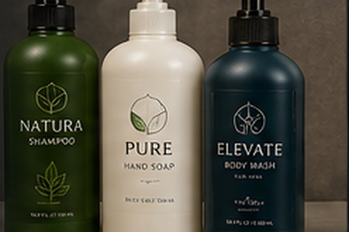Personal-care shampoo, conditioner, body-wash and hand-soap bottles with fictional names printed directly on the containers
