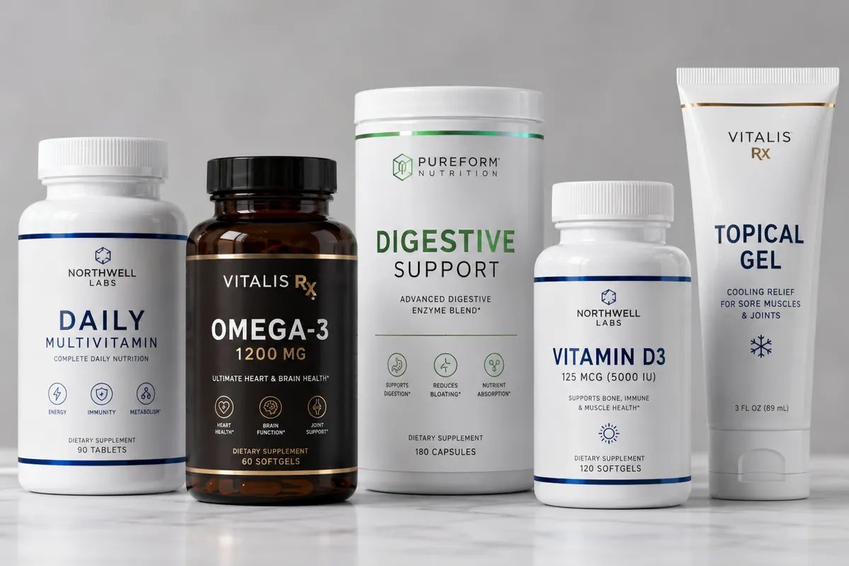 Directly decorated vitamin, supplement and healthcare containers with fictional product branding