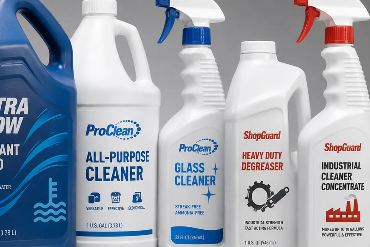 Directly decorated household cleaner, degreaser and trigger-spray bottles with fictional product branding