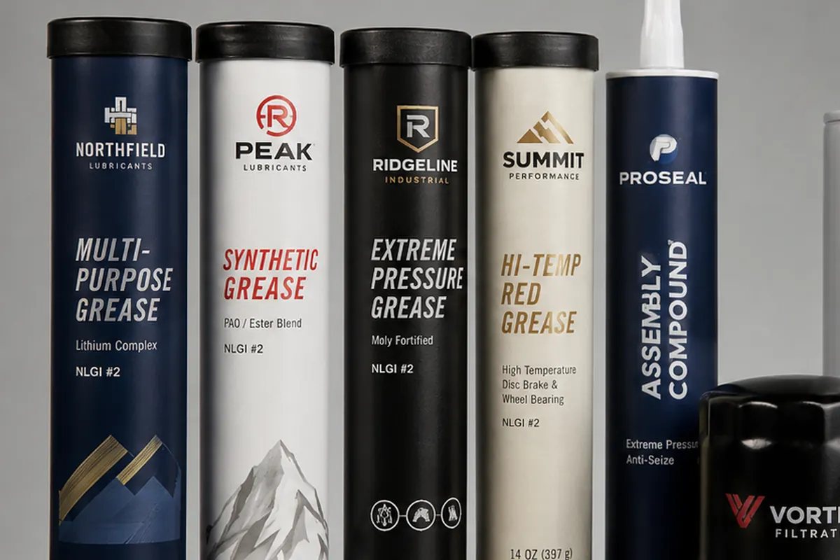 Directly decorated grease cartridges and industrial cylindrical tubes with fictional product branding