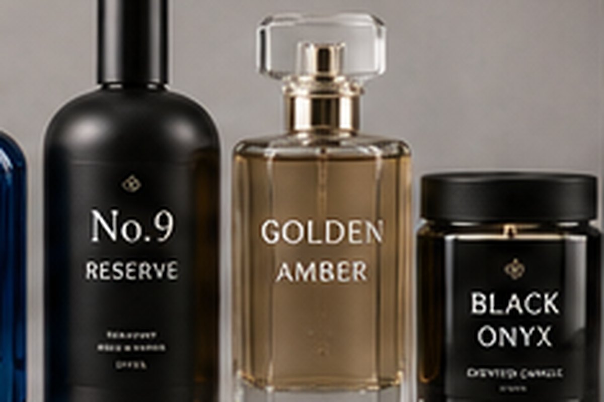 Specialty decorative glass bottles and luxury jars with fictional names and metallic decoration