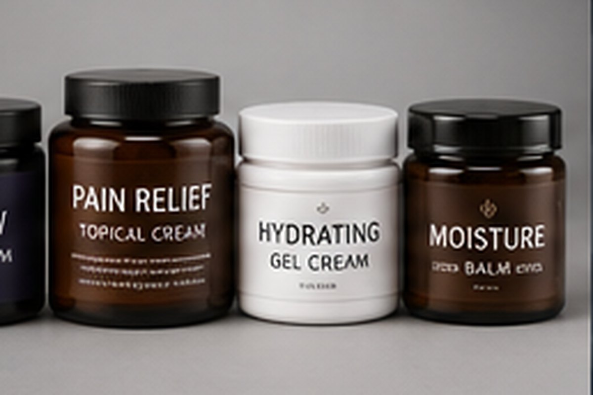 Wide-mouth skincare, topical cream and moisturizing jars with clear fictional product names