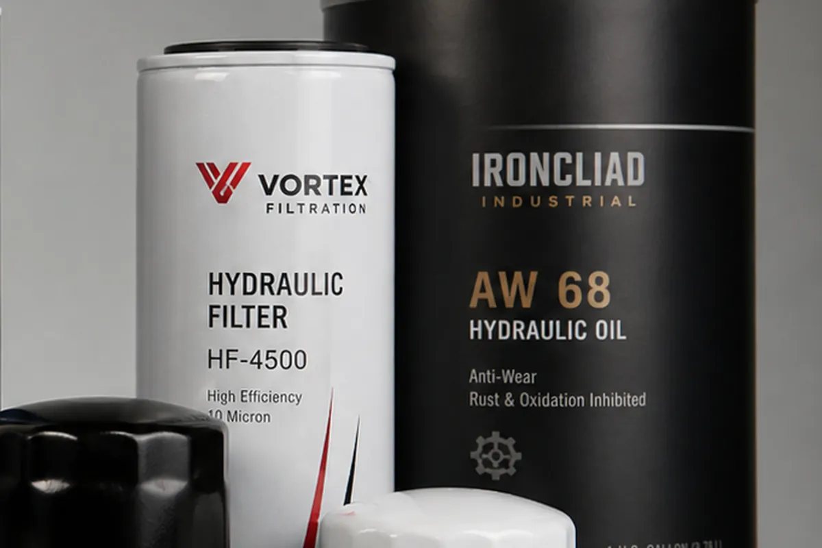 Directly decorated oil filters and rigid cylindrical industrial components with fictional product branding