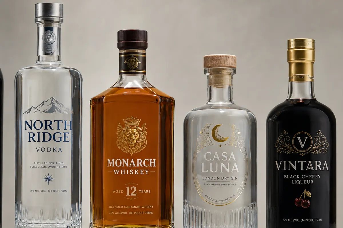 Directly decorated vodka, whiskey, gin, liqueur and premium glass bottles with fictional product branding