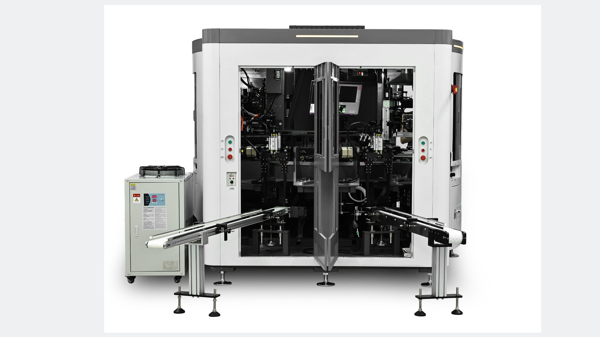 Actual enclosed DT-CNC automatic UV screen printing machine with front access doors open
