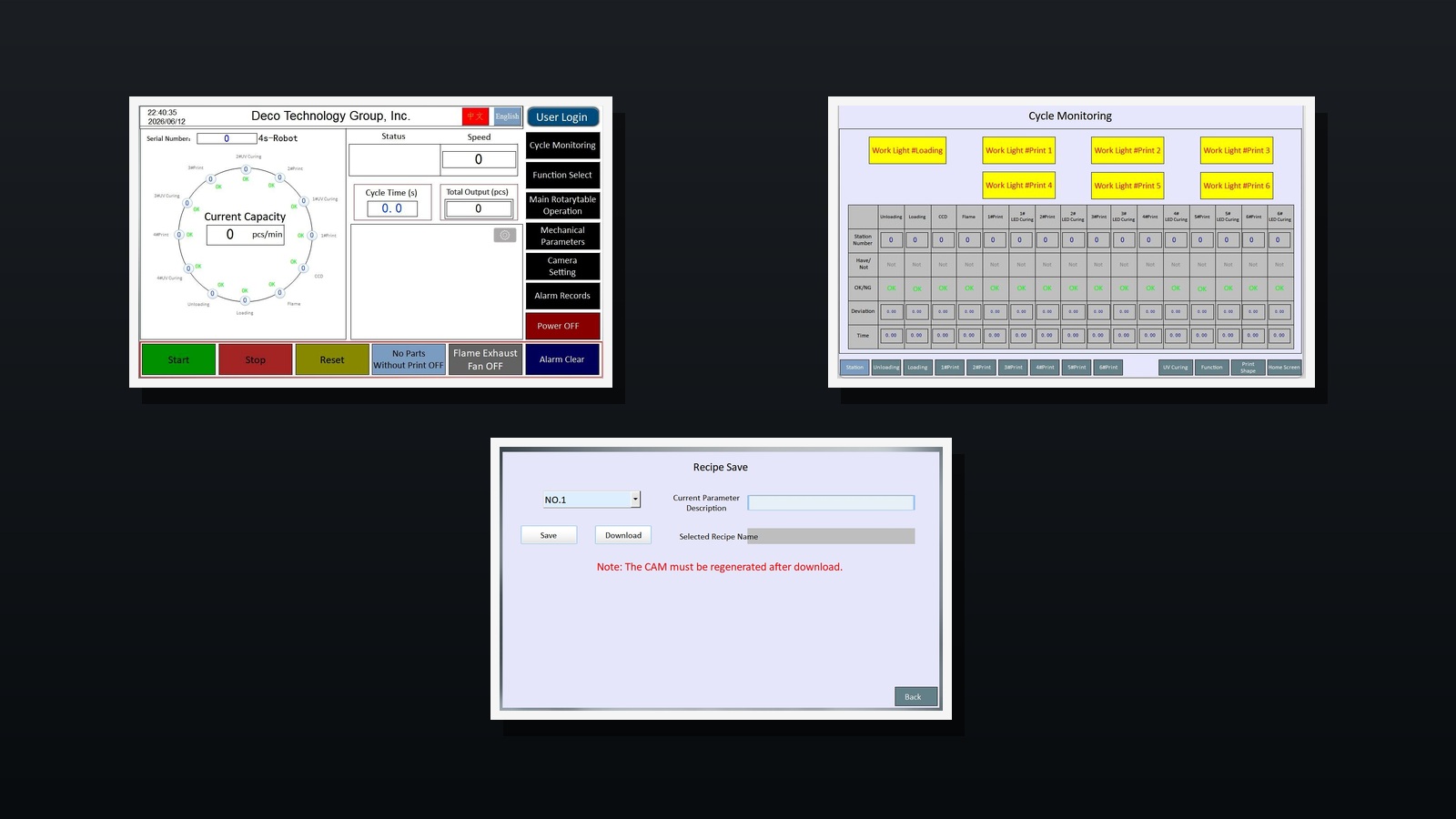 DT-CNC HMI recipe, setup and diagnostic screens for automatic screen printing control
