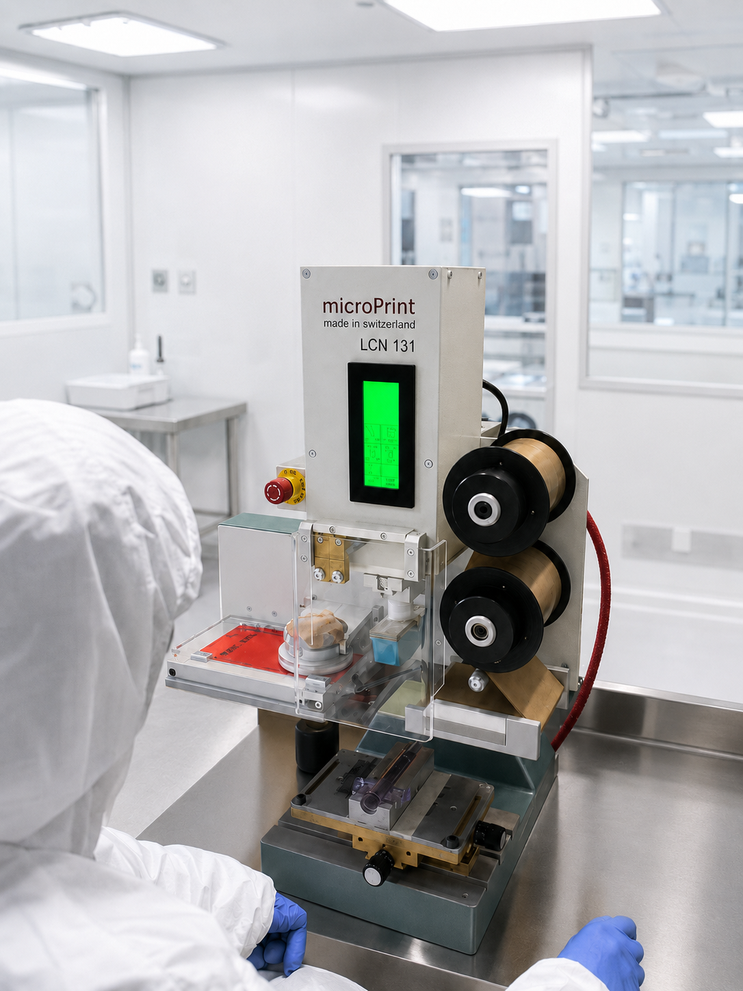 Cleanroom pad printing operation for medical device components using a microPrint machine