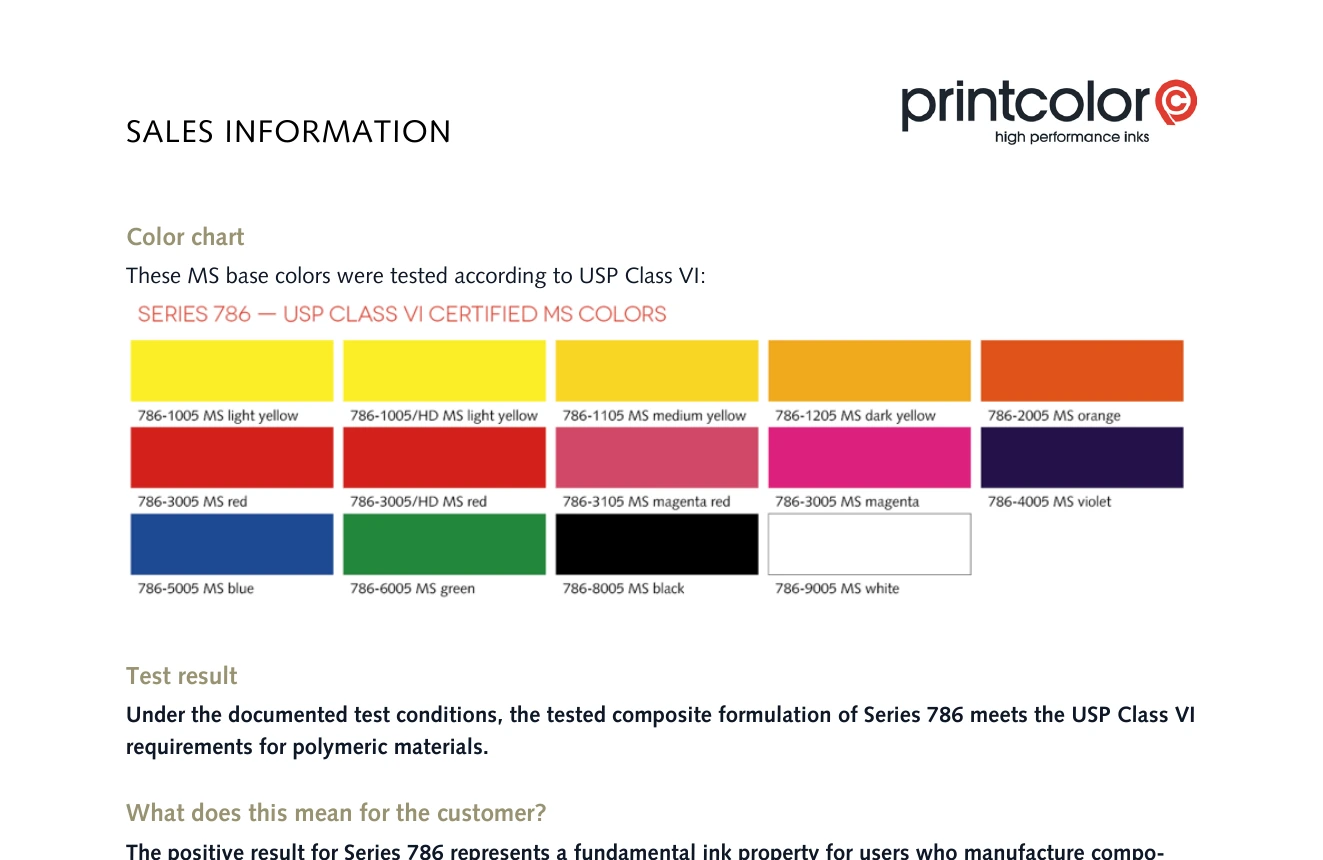 Printcolor Series 786 USP Class VI tested MS mixing colors chart with Printcolor logo