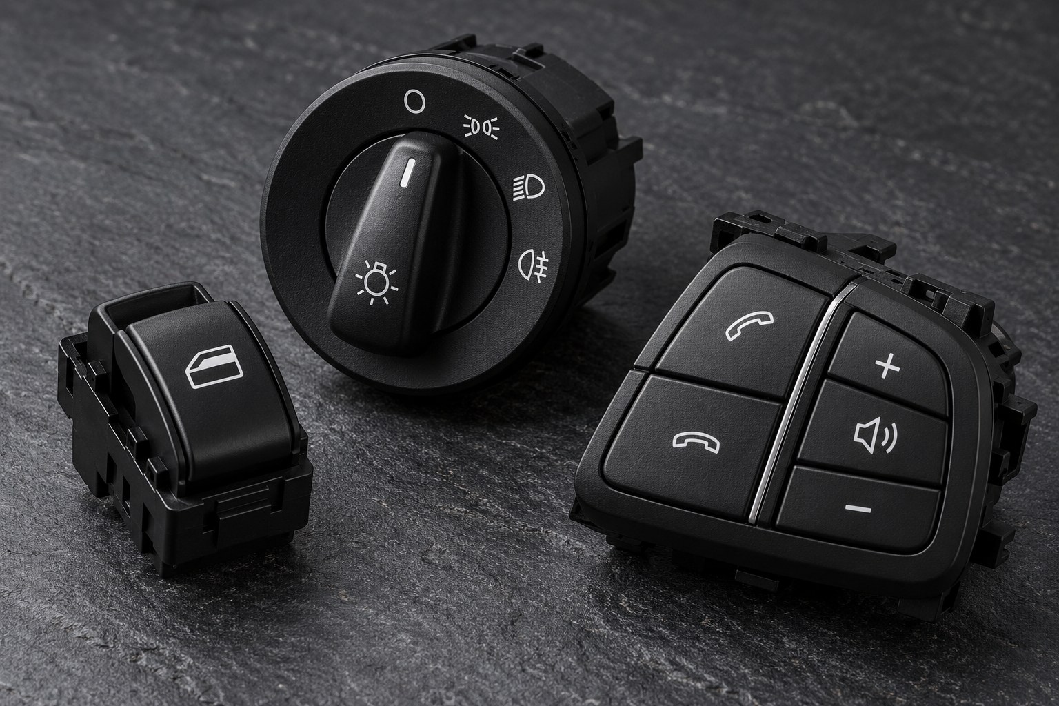 Illustrative concept of pad-printed automotive lighting, window and steering-wheel control components