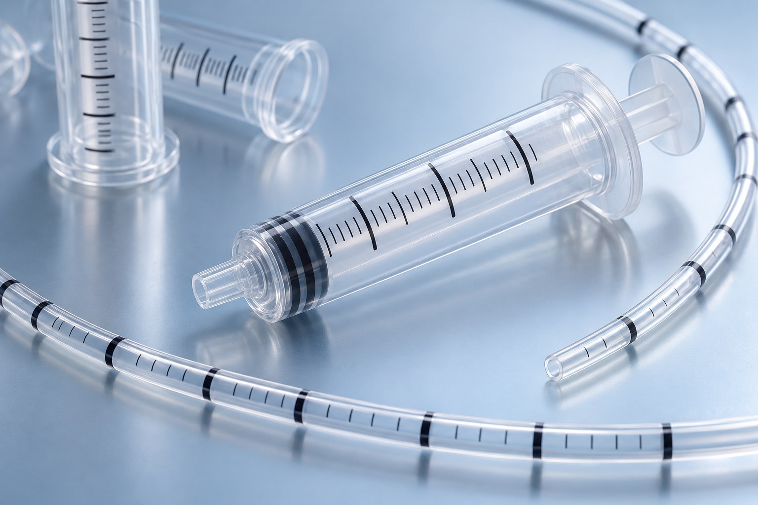 Illustrative concept of printed syringe graduations and catheter tubing depth bands